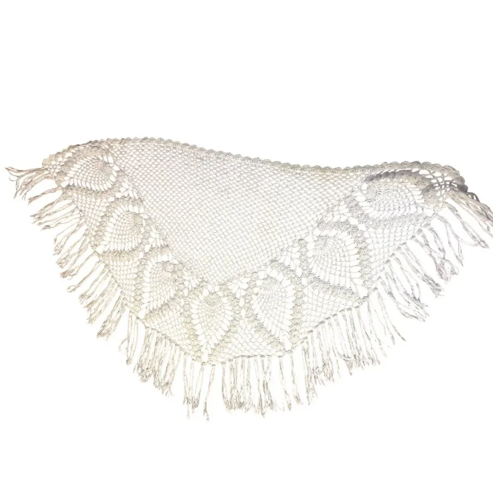 Vintage Pineapple Crochet Shawl Fringe Wrap Ivory Boho Festival One Size - Picture 9 of 16